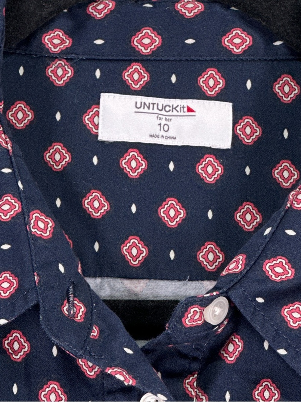 UNTUCKit Marie Shirt Dress Belted Button Front Geometric Navy Size 10 - Picture 6 of 13